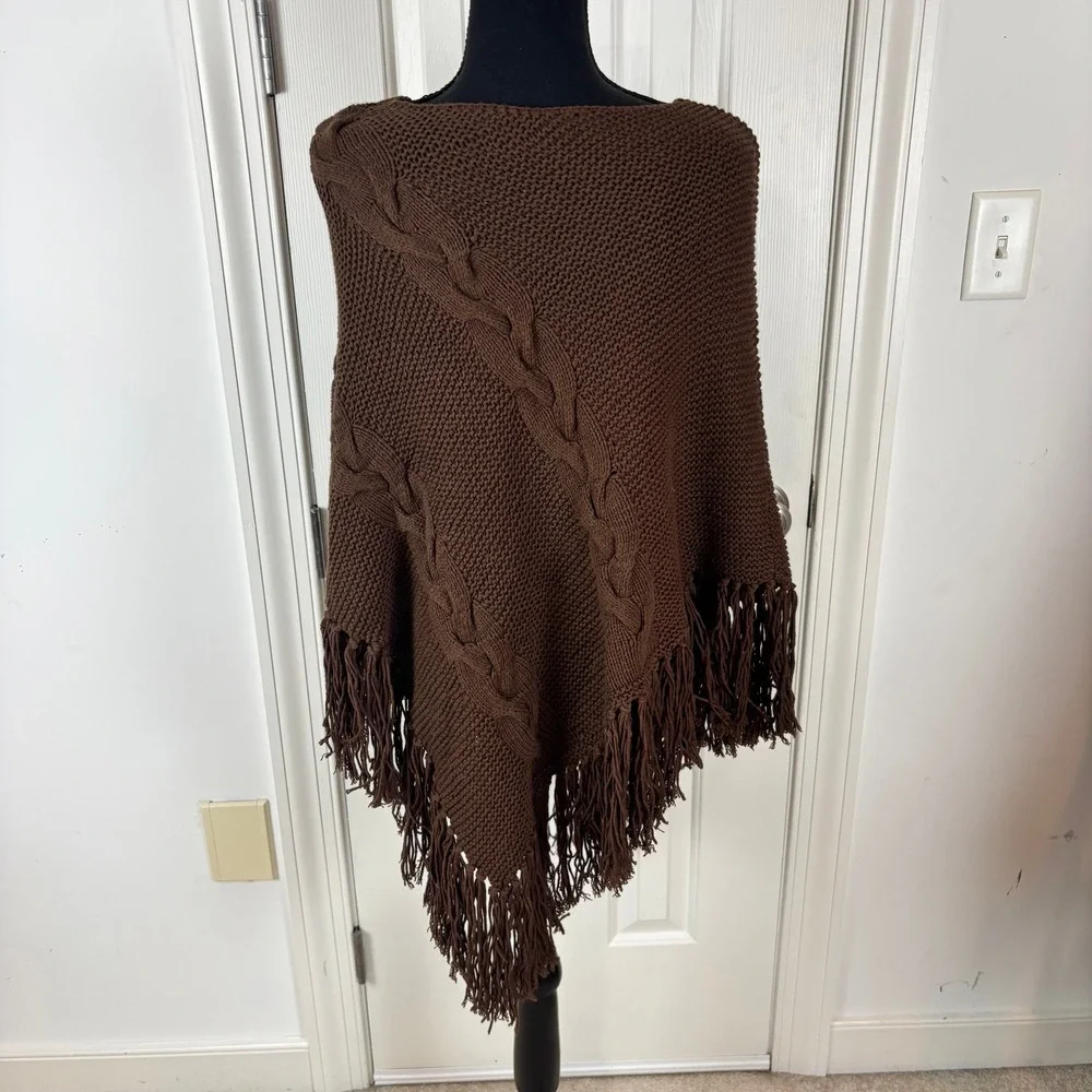 INC International Concepts Brown Cable Knit Fringe Poncho Roasted Chestnut SM